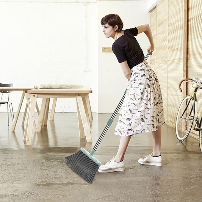 kelamayi Upgrade Broom and Dustpan Set Large Size and with Long Handle UprightIdeal for Indoor Outdoor Garage Kitchen Room Office Lobby Use (Green)