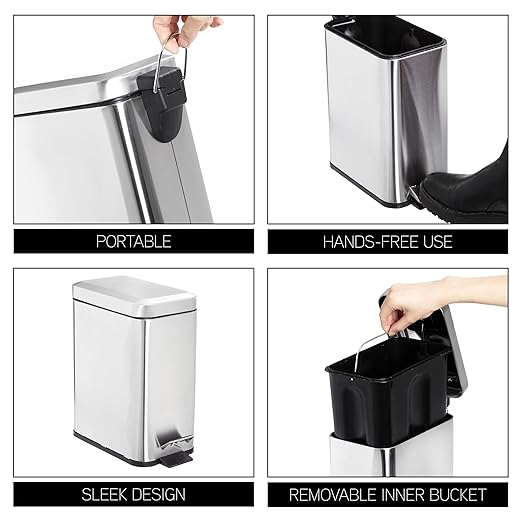 SIMPLEMADE Rectangle Step Trash Can - 5 Liter / 1.3 Gallon - Small with Lid Stainless Steel for Bathroom | Office | Garbage | Metal Wastebasket (Steel)