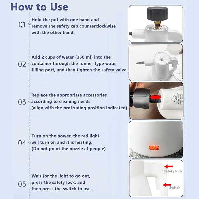 135℃ Steam MopSteam Shot4 Different Nozzleswith 450ml Large Capacity Water Tank2min Fast Heating135℃ High TemperatureSuitable for Removing Oil StainsIroning Clothes