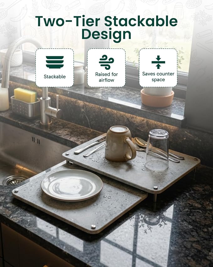 Stone Dish Drying Mat Set for Kitchen Counter - Space Saver Duo Nesting 2‐Piece Drying Stone Mats (1 Large + 1 Small) Stackable 2‐Tier Dish Drying Rack Sandpaper Included