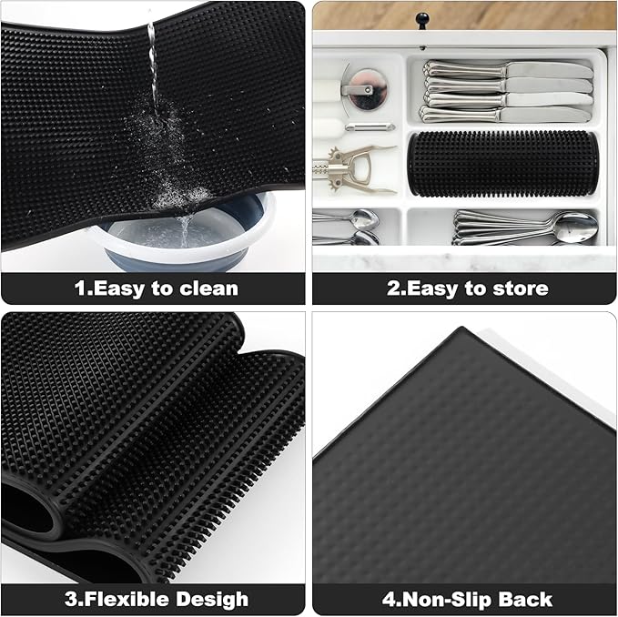 Extra Large (28 inch by 16 inch) Thick Rubber Service Bar Mat for Home Kitchen Counter Mat Bartender Bar Mat Dish Drying Mat 2 Packs Black