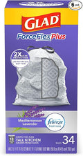 Glad Trash Bags ForceFlexPlus Tall Garbage Drawstring Garbage Bags - 13 Gallon Grey Trash Bag Lavender with Febreze Freshness 34 Count (Package May Vary)