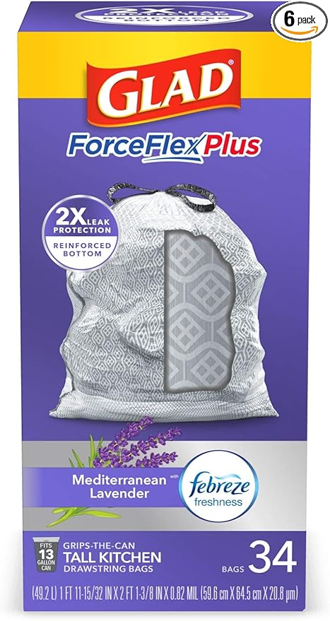 Glad Trash Bags ForceFlexPlus Tall Garbage Drawstring Garbage Bags - 13 Gallon Grey Trash Bag Lavender with Febreze Freshness 34 Count (Package May Vary)