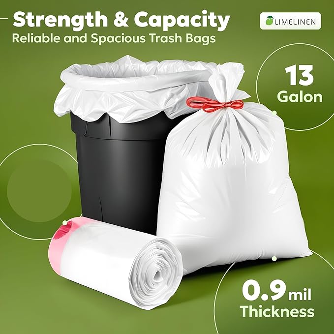 LIMELINEN Tall Kitchen Trash Bags with Drawstring 200 Count 13-gallon Trash Bag of 0.9 mil Thickness Leak and Odor-Resistant Heavy-Duty Plastic Garbage Bags for Home and Commercial Use