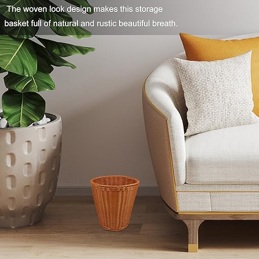 Housoutil Imitation Rattan Trash Woven Holder with Lid Handmade Round Desktop Wastebasket Brown Multi-Function Storage Basket for Home Office Bathroom Use
