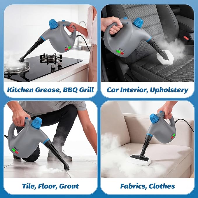 KIATO Handheld Steam Cleaner Hand Held Steamer for Cleaning Home Portable Pressurized Steamers for Upholstery Furniture Sofa Couch Floor Tile Grout Bathroom Grey SC23