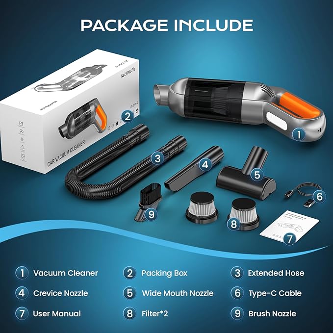 Handheld Vacuum Cordless Portable Car Vacuum with LED LightRechargeable Small Vacuum Cleaner with Powerful SuctionLightweight Vacuum Cleaner for Car Home Office Pet Hair (Orange)