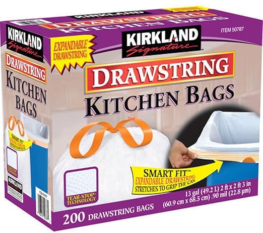 Kirkland Signature 13 Gallon 200 Ct Carton 100% recyclable Heavy Duty Drawstring Kitchen Trash Bags Garbage BagWhite