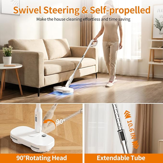 Adjustable Cordless Electric Spin Mop with self-propelled water sprayer/8000mAh Battery/LED Headlightself-propelled design with 6 Washable mop Pads for Hardwood Tile Floors Quiet Cleaning/Waxing