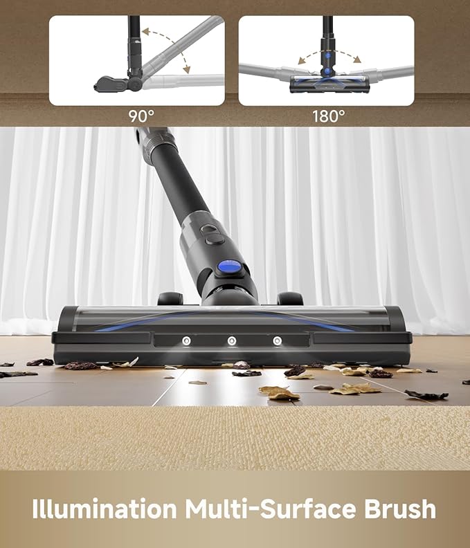 MOVA J30 Cordless Vacuum Cleaner144AW Powerful Suction 180° Folding Tube Cleans Corners 4-in-1 Stick Vacuum 60Min Runtime Anti-Tangle Brush with Lights Deep Clean Pet Hair Hard Floor Carpet