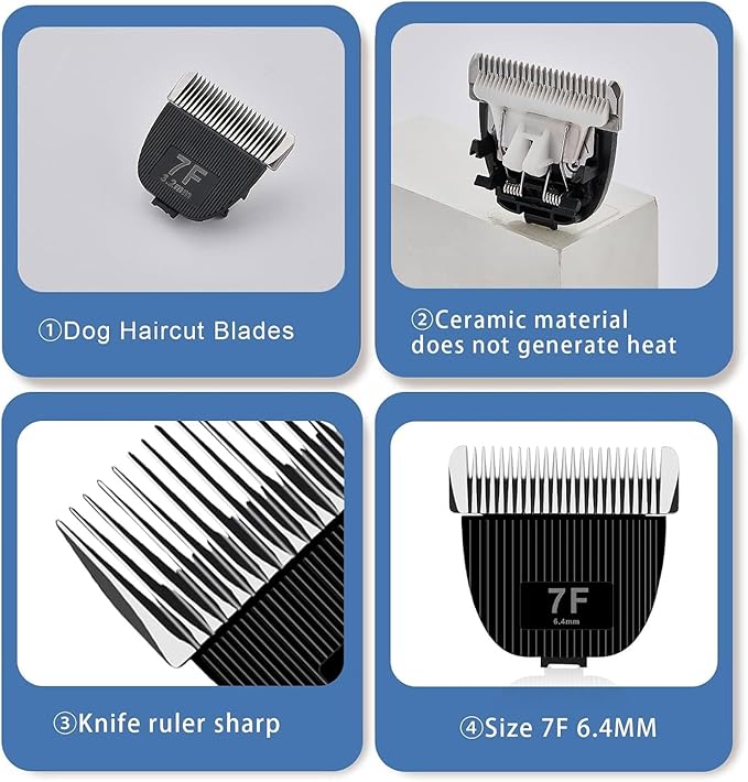 Size 4F/5F/7F/Replacement Blade for nebot P1 Pro Pet Grooming Kit &amp VacuumCut Length 3/8(9.5mm) to 1/4”(6.3mm) to 1/8(3.2mm)Made of Ceramic Blade &amp Stainless Steel Blade3 Pack