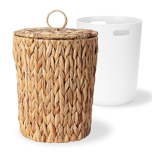 2.6 Gallon Wicker Trash Can with Lid and Removable Liner Bucket - Rattan Bathroom Garbage Can - Boho Hand Woven Water Hyacinth Wicker Waste Basket for Bathroom Bedroom Living Room Home Office