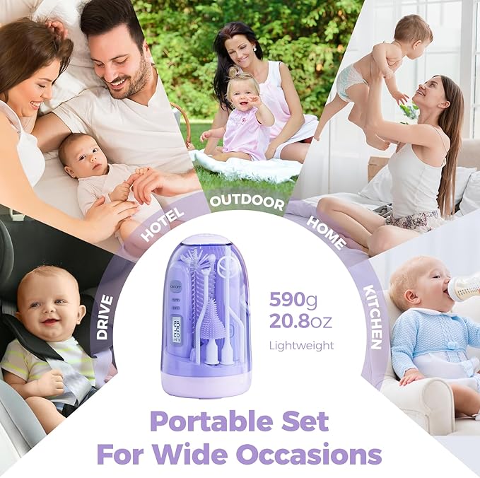 Electric Bottle Brush CleanerRechargable Electric Baby Bottle Brush Cleaner with ThermometerSilicone Bottle/Nipple/Straw BrushDrying RackTravel Bottle Cleaner Kit for New Moms (Violet)