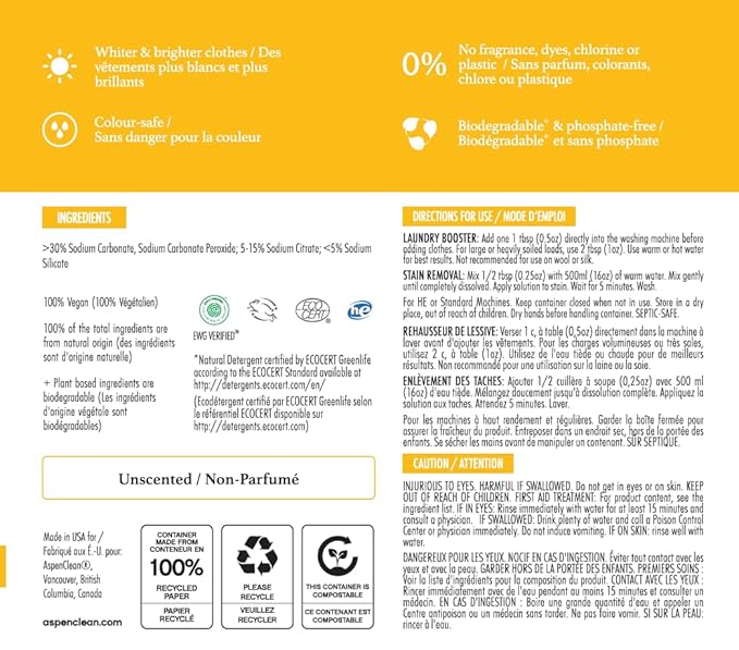 AspenClean | Unscented Oxygen Bleach Powder | Color Safe Laundry Stain Remover | Bleach Alternative | EWG Verified™ Hypoallergenic Non-Toxic | 45 Loads