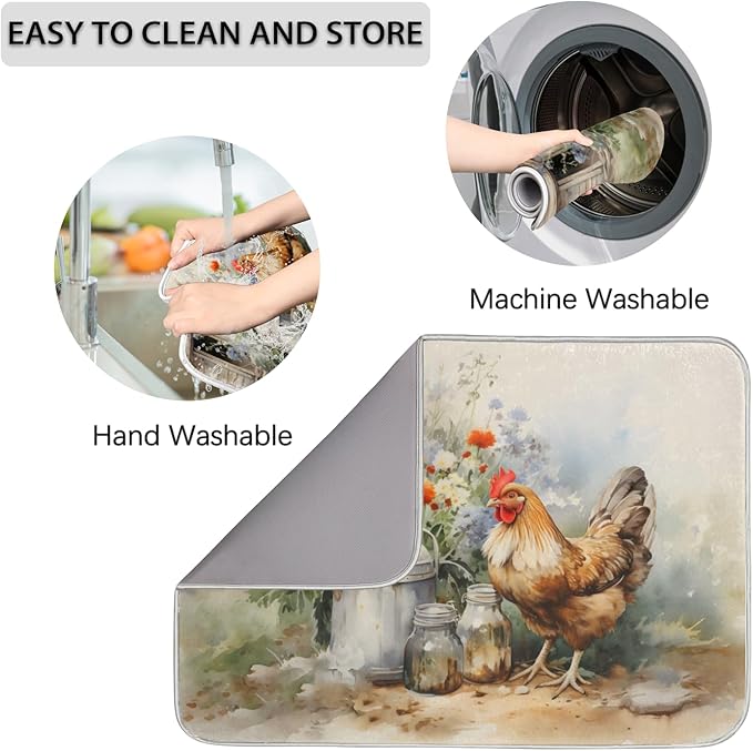 Honeybaby Dish Drying Mat Farm Chicken Hen Dish Drying Mats for Kitchen Counter Absorbent Kitchen Drying Mat Dish Rack Mat 18x24 inches