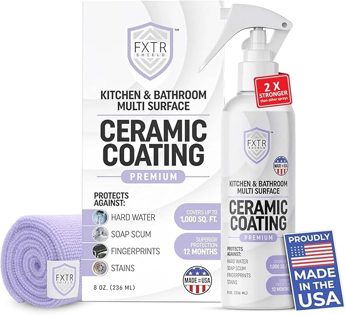 Fixture Shield Home Ceramic Coating Spray (8 oz) - SiO₂ Hydrophobic Protection for Kitchen &amp Bath | Repels Fingerprints Stains &amp Hard Water | Extra Strength Formula | Made in USA