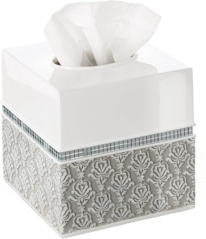 Creative Scents Mirror Damask White and Gray Bathroom Accessories Set - 6 Piece Bathroom Accessory Set Includes: Trash Can Tissue Box Cover Soap Dispenser Soap Dish Toothbrush Holder &amp Tumbler