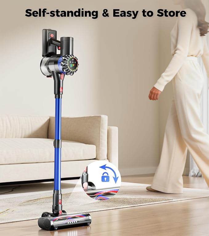 Cordless Vacuum Cleaner 550W 45Kpa 65Mins Stick Vacuum with Self-Standing Touch Screen Anti-Tangle Rechargeable Wireless Vacumm Vacuum Cleaners for Home/Pet Hair/Carpets/Hardwood Floor