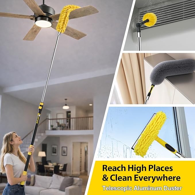 20 Foot High Ceiling Duster Kits with 5-12ft Heavy Duty Extension Pole High Reach Duster for CleaningMicrofiber Feather DusterCobweb DusterCeiling Fan DusterWindow Squeegee &amp Cleaner