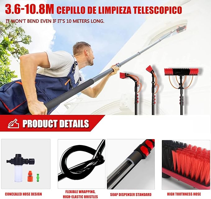 12-36ft Aluminum Alloy Retractable Rod Adjustable Water Fed Pole Cleaning Kit Outdoor Window Cleaner Solar Panel Cleaning and Washing Tool W/Water Fed Telescopic Brush9m