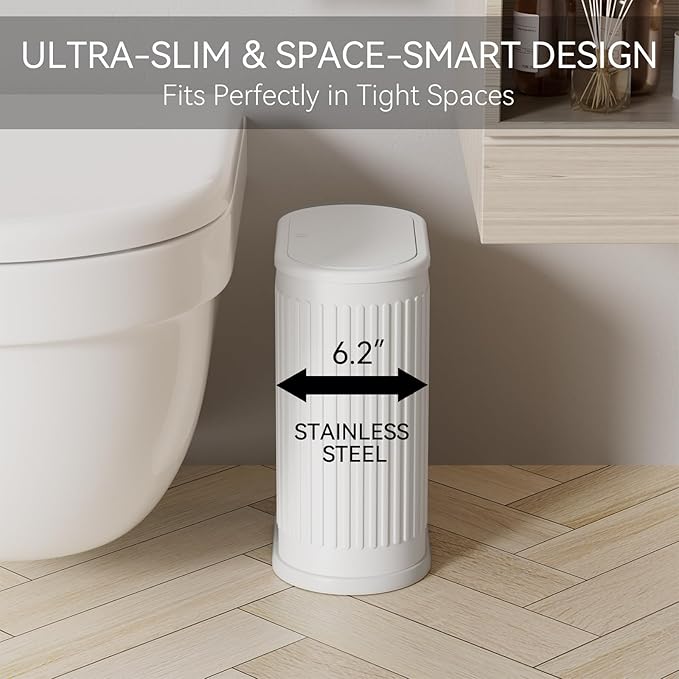 Stainless Steel Bathroom Trash Can and Toilet Brush Set1.6 Gallon Small Trash Bin with Press Type Lid White Bathroom Sets with Curtain and Liner for Bathroom