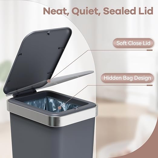 Small Bathroom Trash Can with Lid Soft Close 10 Liter/2.6 Gallon Slim Garbage Can-Metal Step and Press top Lid Mini Modern Waste Basket for Toilet Office BedroomDormDark Gray