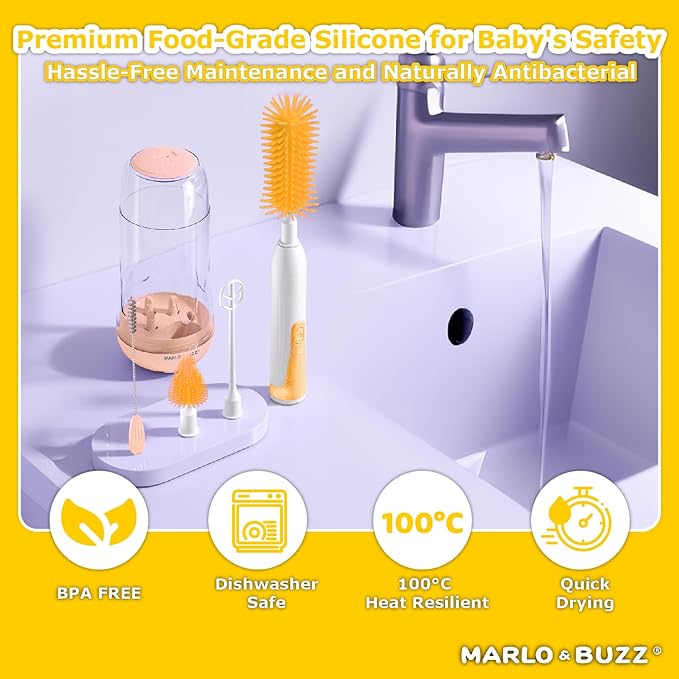 Marlo &amp Buzz Electric Baby Bottle Brush Cleaner Set Rechargeable Waterproof Silicone Brushes with Large Bottle Brush Nipple Brush Straw Brush Milk Stirrer Drying Rack (Yellow)