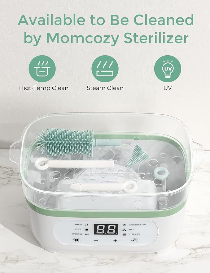 Momcozy Bottle Brush Set - Baby Bottle Cleaner Kit with Silicone Brush Nipple Brush Straw Brush Soap Dispenser Drying Rack - 7 in 1 Bottle Cleaning Tool for Home and Travel Green (Pack of 2)