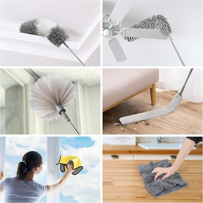 Microfiber Duster Kit 36pcs with 30 to 100 in Extension Pole and Ceiling Fan Cleaner Duster Washable and Bendable Feather Duster for Cleaning Ceiling Fans High Ceilings Blinds Grey