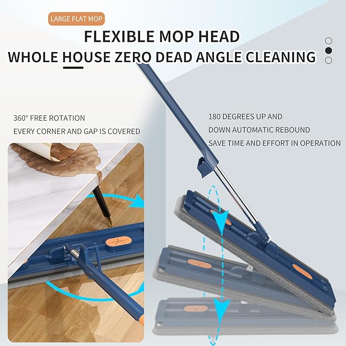 2025 New Large Flat Mop with 6 Reusable Mop Head Dry and Wet Flat Mop and Bucket Set Adjustable Handle Self Wringing Flat Mops 360 Rotation Flat Mop (White with 6pcs Mop Head)
