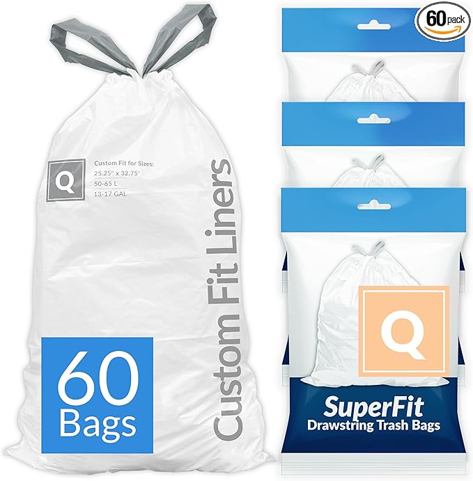 Reli. SuperFit Code Q (60 Count) | Compatible with Simplehuman Code Q | Dispenser Pack Custom Fit Liners | Drawstring Trash Bags | 50-65 Liter / 13-17 Gallon | White