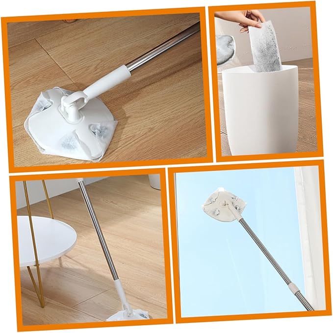 Rotatable Dust Mop with Retractable Handle White Triangular Microfiber Floor Cleaning Mop for Household Use Handheld Face Towel Refill Easy Dust Removal for Hardwood and Tile