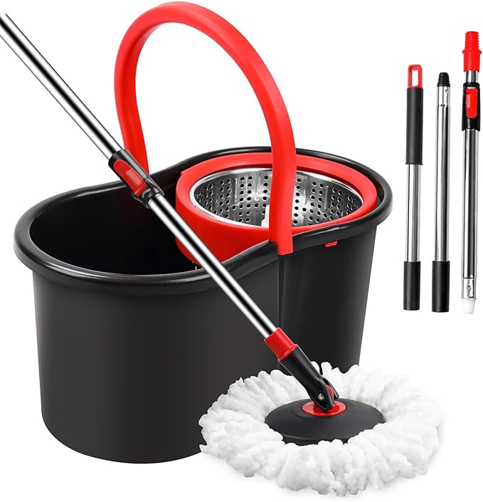 Spin Mop and Bucket Mop and Bucket with Wringer Set for Home 360 Spinning Mop Bucket Floor Cleaning Tool with 1 Microfiber Mop Replacement Head50 Stainless Steel Handle (Black-Includes 1 mop)