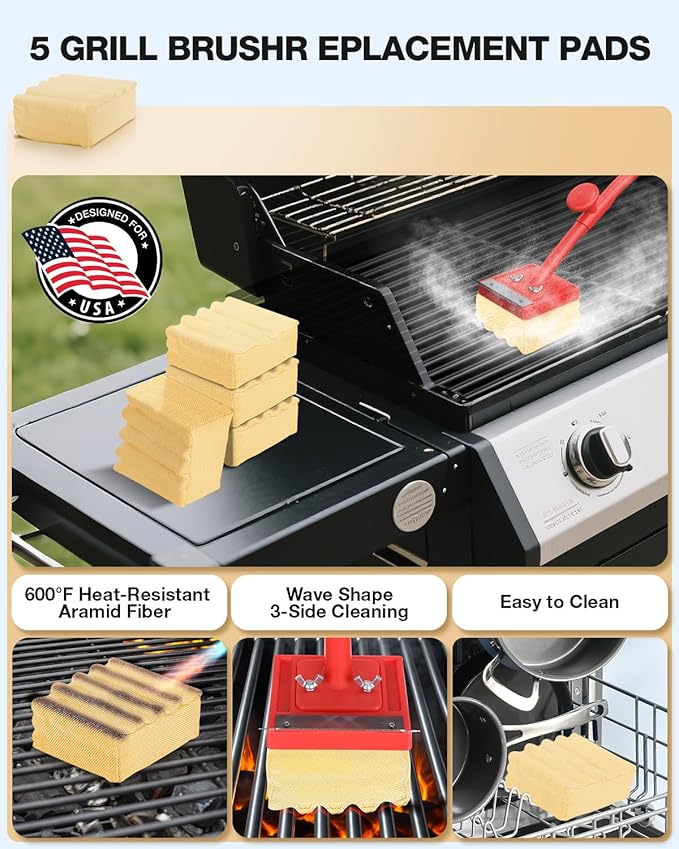 Grill Brush Bristle Free Safe Non Metal Wire with Scraper 5 Replacement Heads Steam Grilling Grate Cleaning Tool Wireless Bbq Cleaner Accessory Kit Set Outdoor Cast Iron Barbecue/Barbeque Scrubber