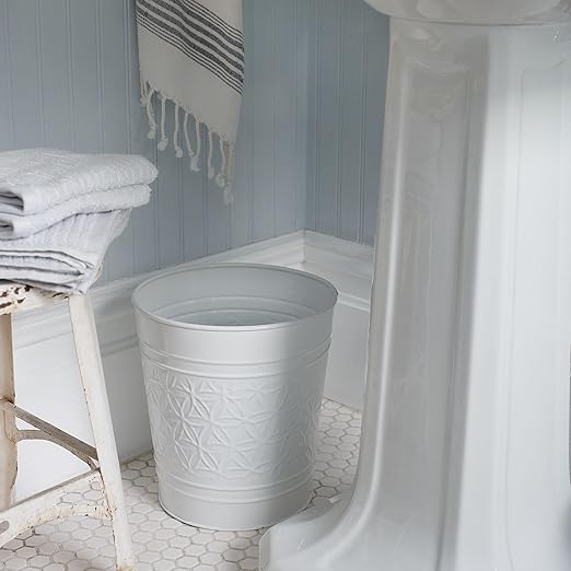 Autumn Alley Handcrafted White Bathroom Trash Can Round Open-Top Bathroom Wastebasket Stylish Metal Waste Bin for Home Office Bedroom Decorative Waste Basket Decor Coastal Trash Can White 2 Gal.