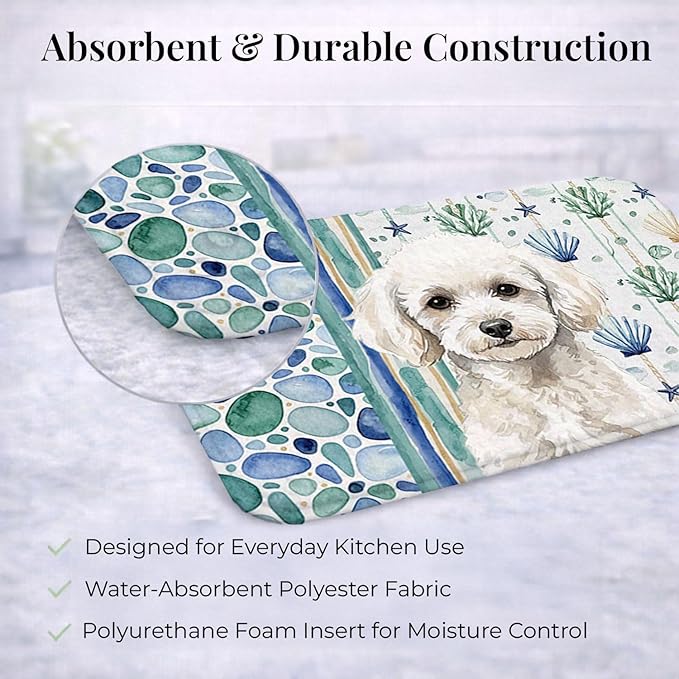 Caroline's Treasures Toy White Poodle Coastal Sea Glass Dish Drying Mat Absorbent Dish Drying Mat Pad for Kitchen Counter Dish Drainer Mat for Countertop 14 x 21 Multicolor