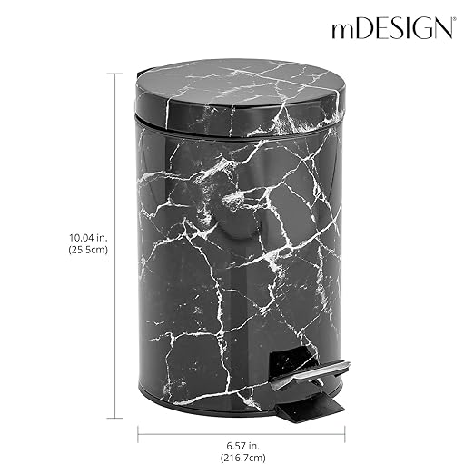 mDesign Extra Small Modern 3-Liter/.7 Gallon Round Metal Lidded Step Trash Can Compact Garbage Bin with Removable Liner Bucket and Handle for Bathroom Kitchen Office Garage - Black Marble Print