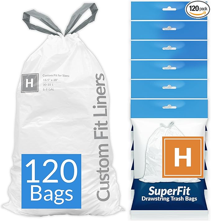 Reli. SuperFit Code H (120 Count) | Compatible with Simplehuman Code H | Dispenser Pack Custom Fit Liners | Drawstring Trash Bags | 30-35 Liter / 8-9 Gallon | White