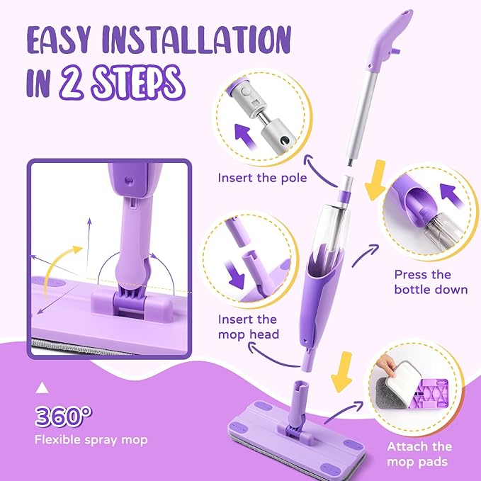 Purple Mini Spray Mop for Toddler-Montessori Cleaning Toy That Real Spray WaterPretend Playhouse Essentials for Girls Ages 3-8Toddler Educational Housekeeping Set