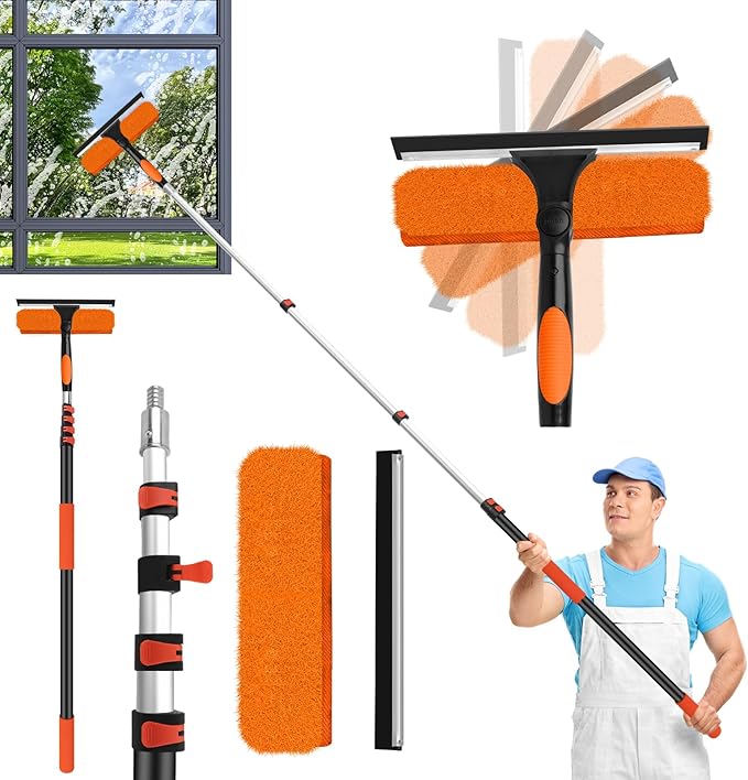 26FT High Window Cleaning Kit with Pole2 in 1 Window Squeegee5-20FT Professional Window Clean Pole Kit(2 Squeegee &amp 2 Microfibre Cloths)180°Rotatable Squeegee for Indoor/Outdoor High Windows
