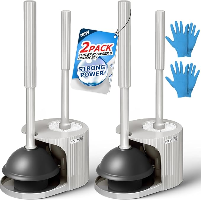 2Pack 2 in 1 Toilet Brush and Plunger Set Extended Handle PlungerToilet Bowl Brush Plunger SetBathroom Cleaning Tools Toilet Brush Plunger ComboCleaning Supplies（Cream Grey）