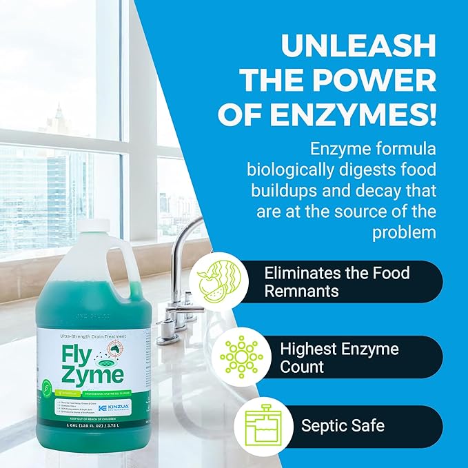 KINZUA ENVIRONMENTAL Fly-Zyme Highly Concentrated Enzyme Drain Cleaner for Pipes &amp Citronella Scented Organic Waste Degrader &amp Odor Neutralizer 1 Gallon
