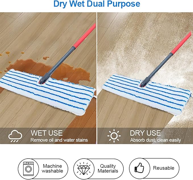 2 Pack Microfiber Mop Replacement Heads Compatible with O-Cedar Dual Action Flat Mop for Dry/Wet Use Machine Washable Reusable Flip Mop Refills All Surface Cleaning(Blue White Stripe)