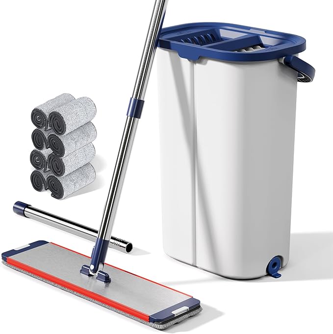 Large Mop and Bucket System with Wringer Set Hands-Free Flat Mops for Floor Cleaning Mopping Bucket System with 8 Washable Microfiber Pads for Wet and Dry Use Home Windows and Wall Cleaner Mop