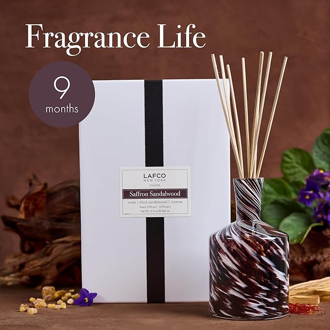 LAFCO New York Signature Fall Reed Diffuser Saffron Sandalwood - 15 oz - Up to 9 Months Fragrance Life - Reusable Hand Blown Glass Vessel - Natural Wood Reeds - Made in The USA