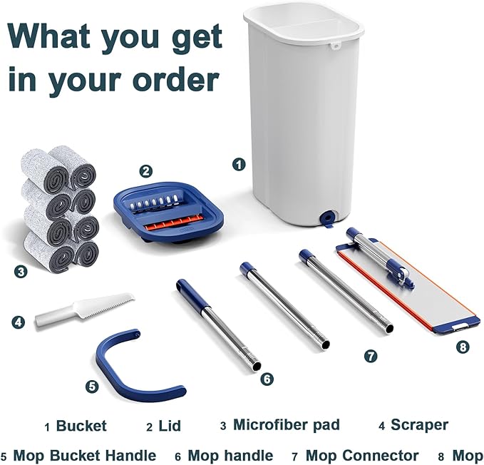 Large Mop and Bucket System with Wringer Set Hands-Free Flat Mops for Floor Cleaning Mopping Bucket System with 8 Washable Microfiber Pads for Wet and Dry Use Home Windows and Wall Cleaner Mop