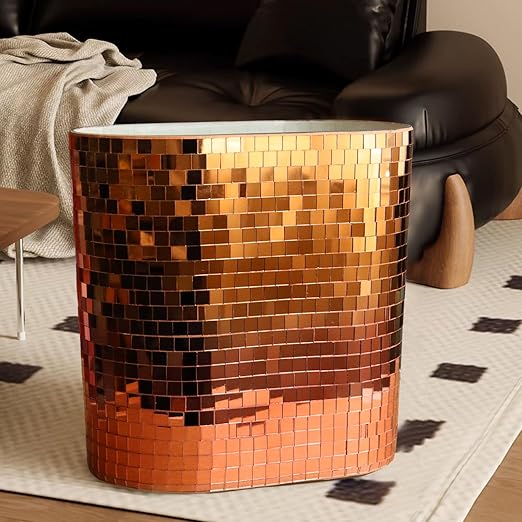 WDHODEC Rose Gold Mosaic Waste Basket (9.8 Tall) | Narrow Oval Decorative Trash Can for Bathroom Vanity &amp Toilet Side | Luxury Handcrafted Mirror Accent Dual-Use Flower Vase