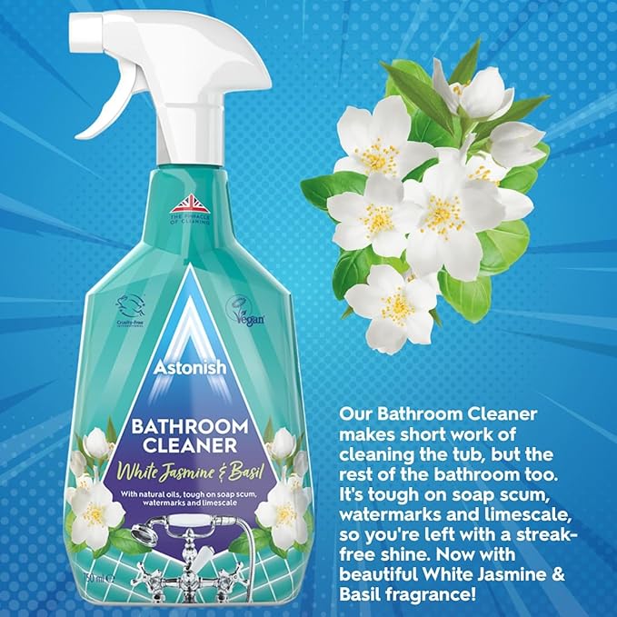 Astonish Streak Free Foaming Bathroom Cleaner Spray Bottle 3 Pack - Deep Cleaning White Jasmine &amp Basil Scented Spray for Soap Scum Watermarks &amp Limescale - Cleaning Supplies 750 ml Bottle