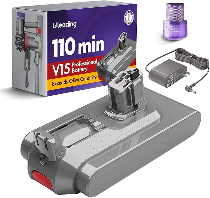 V15 110-Min Runtime Battery Replacement: with Samsung Battery Cells Compatible with Dyson V15 Models Animal Torque Drive Outsize SV15/16/22/28/29 970425-01 Includes Filter &amp Charger