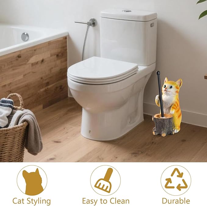 Toilet Brush Holder Set for Bathroom Cute Cat Base Solidly Toilet Bowl Brush Holder and Decorative Bathroom Ceramic Cleaning Kit with Brush and Holder (Cat)